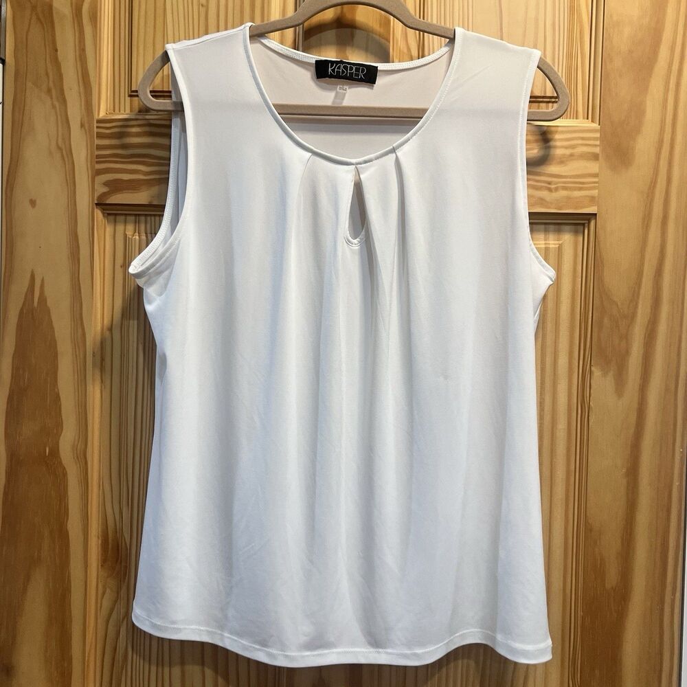 Kasper White Sleeveless Pleated Keyhole Neck Tank Top Blouse Large